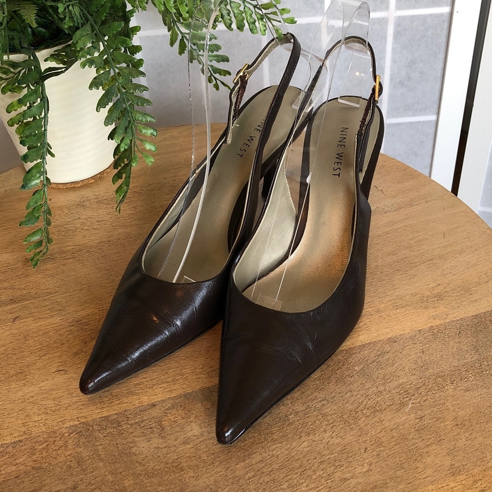 Nine West Dark Brown Leather Pointed Slingback Heels, 2.5” Heel, Size 7